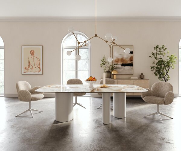DELIFE Étkezőasztal Edge hajóformájú 240x120 cm kerámia Minas Melange fehér-bézs Troa fém fehér