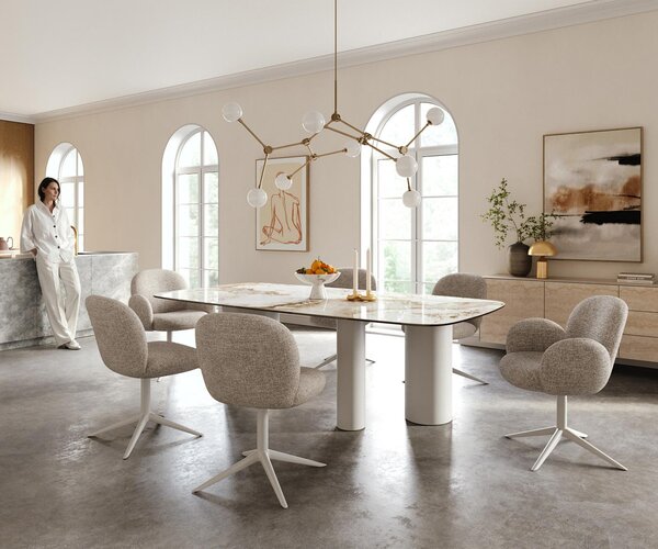 DELIFE Étkezőasztal Edge hajóformájú 240x120 cm kerámia Minas Melange fehér-bézs Troa fém fehér