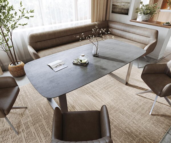 DELIFE Étkezőasztal Edge hajóformájú 200x100 cm kerámia beton szürke rozsdamentes acél keskeny