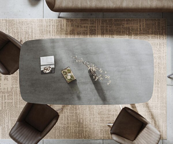 DELIFE Étkezőasztal Edge hajóformájú 200x100 cm kerámia beton szürke rozsdamentes acél keskeny