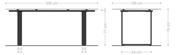 DELIFE Étkezőasztal Edge hajóformájú 200x100 cm kerámia beton szürke rozsdamentes acél keskeny