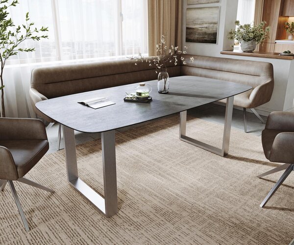 DELIFE Étkezőasztal Edge hajóformájú 200x100 cm kerámia beton szürke rozsdamentes acél keskeny