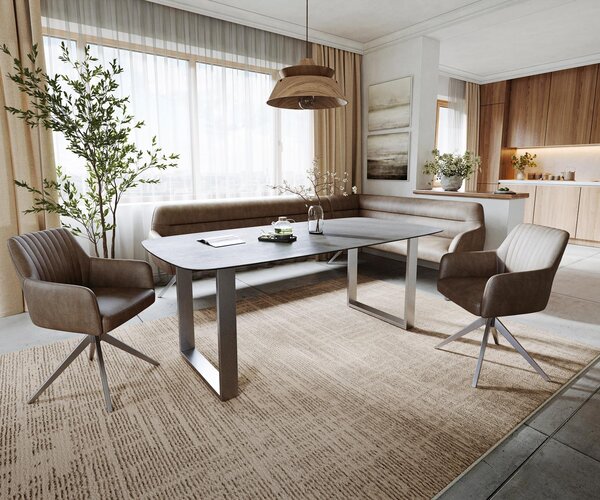 DELIFE Étkezőasztal Edge hajóformájú 200x100 cm kerámia beton szürke rozsdamentes acél keskeny