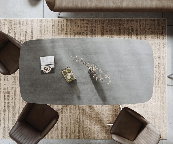 DELIFE Étkezőasztal Edge hajóformájú 200x100 cm kerámia beton szürke kereszt láb rozsdamentes acél