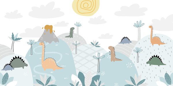 Fotótapéta Rajzfilm dinoszauruszok egy dombon, Gyerekszoba fotótapéta, Népszerű fotótapéta, u96460 - Tapeko.hu