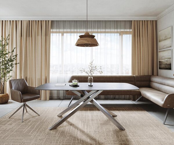 DELIFE Étkezőasztal Edge hajóformájú 200x100 cm kerámia beton szürke kereszt láb rozsdamentes acél