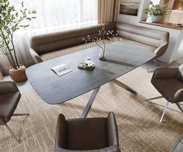 DELIFE Étkezőasztal Edge hajóformájú 200x100 cm kerámia beton szürke kereszt láb rozsdamentes acél