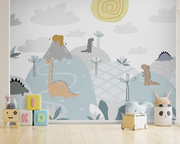 Fotótapéta Rajzfilm dinoszauruszok egy dombon, Gyerekszoba fotótapéta, Népszerű fotótapéta, u96460 - Tapeko.hu