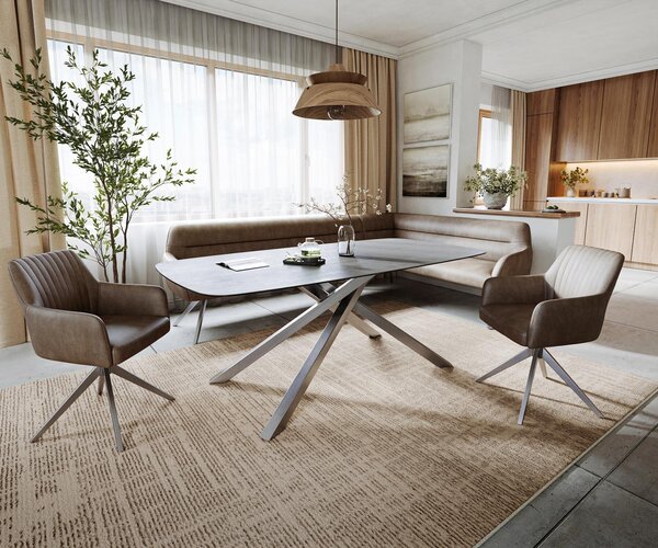 DELIFE Étkezőasztal Edge hajóformájú 200x100 cm kerámia beton szürke kereszt láb rozsdamentes acél
