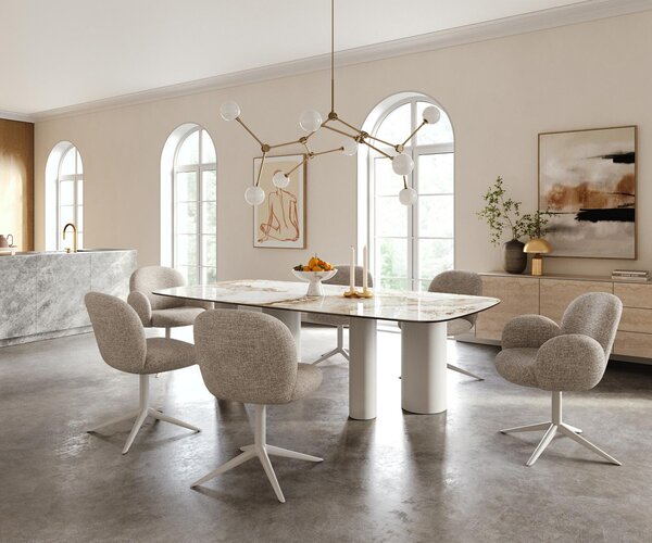 DELIFE Étkezőasztal Edge hajóformájú 240x120 cm kerámia Minas Melange fehér-bézs Pilier fém fehér