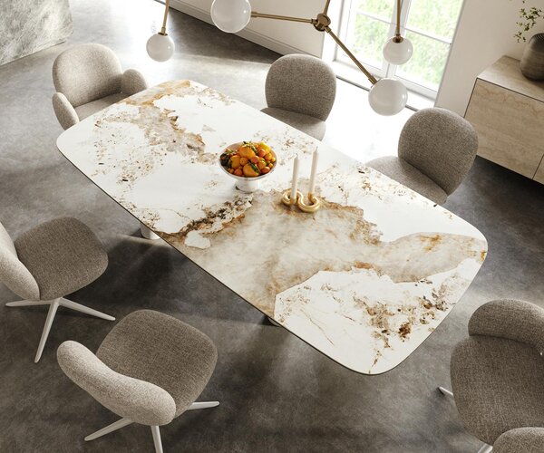 DELIFE Étkezőasztal Edge hajóformájú 240x120 cm kerámia Minas Melange fehér-bézs Pilier fém fehér