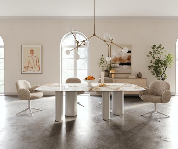 DELIFE Étkezőasztal Edge hajóformájú 240x120 cm kerámia Minas Melange fehér-bézs Pilier fém fehér