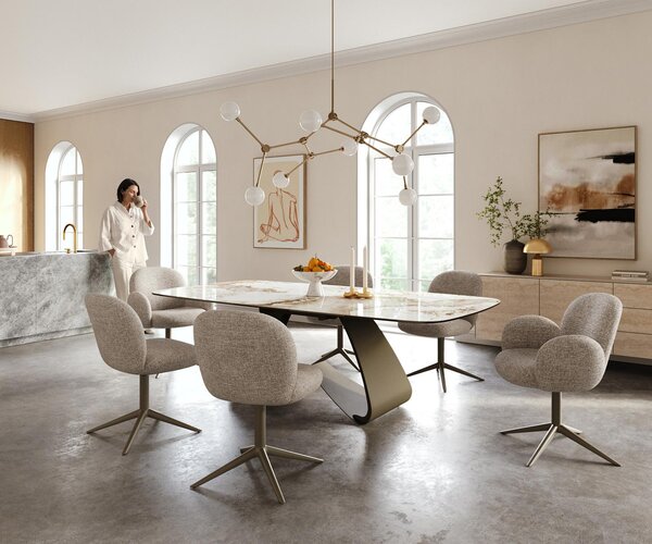 DELIFE Étkezőasztal Edge hajóformájú 240x120 cm kerámia Minas melange fehér-bézs W alakú fém láb titán színű effektfinish