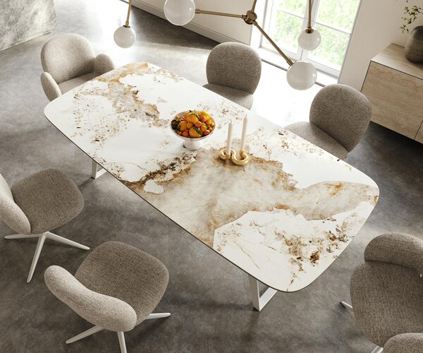 DELIFE Étkezőasztal Edge hajóformájú 240x120 cm kerámia Minas Melange fehér-bézs fém ferde fehér
