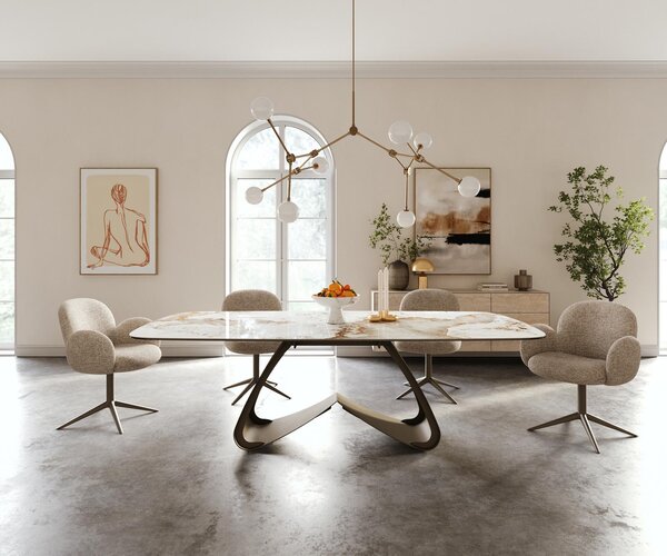 DELIFE Étkezőasztal Edge hajóformájú 240x120 cm kerámia Minas melange fehér-bézs W alakú fém láb titán színű effektfinish