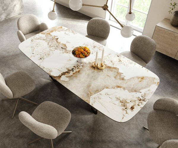 DELIFE Étkezőasztal Edge hajóformájú 240x120 cm kerámia Minas melange fehér-bézs W alakú fém láb titán színű effektfinish