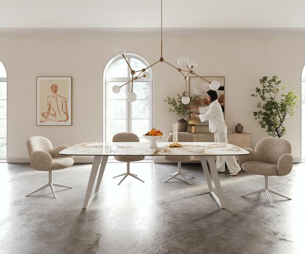 DELIFE Étkezőasztal Edge hajóformájú 240x120 cm kerámia Minas Melange fehér-bézs fém ferde fehér