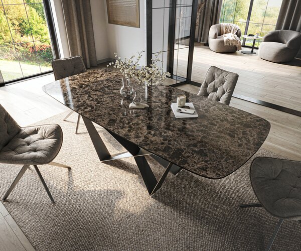 DELIFE Étkezőasztal Edge hajóformájú 180-220x100 cm kerámia Emperador Extra Lucidato sötétbarna Spider laposacél rozsdamentes acél grafit kihúzható