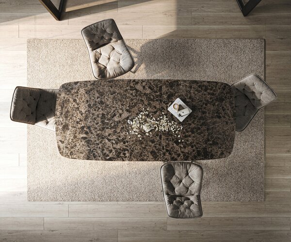 DELIFE Étkezőasztal Edge hajóformájú 180-220x100 cm kerámia Emperador Extra Lucidato sötétbarna Spider laposacél rozsdamentes acél grafit kihúzható
