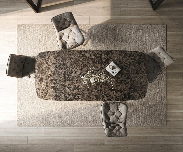 DELIFE Étkezőasztal Edge hajóformájú 180-220x100 cm kerámia emperador extra lucidato sötétbarna kereszt láb téglalap alakú titán színű hatás bővíthető
