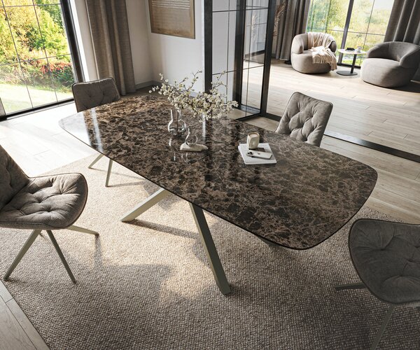 DELIFE Étkezőasztal Edge hajóformájú 180-220x100 cm kerámia emperador extra lucidato sötétbarna kereszt láb téglalap alakú titán színű hatás bővíthető