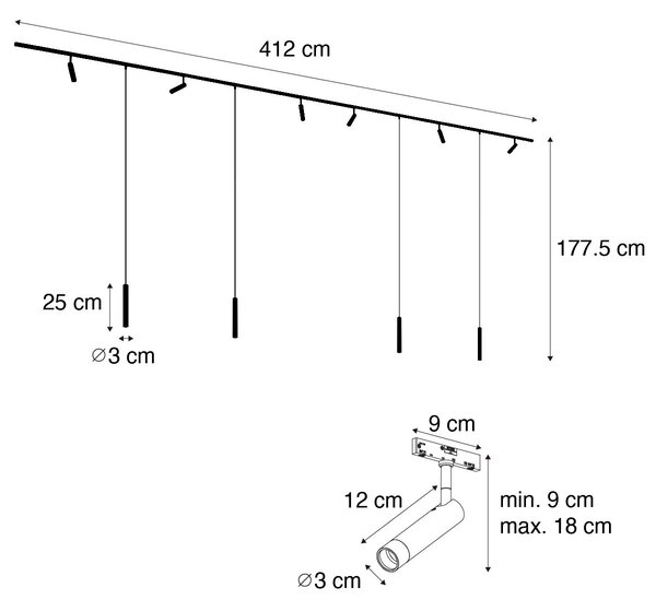 Modern sínrendszer 6 spotlámpával és 4 függőlámpa beépítéssel bézs és fekete színben, 1 fázisú - Slimline Uzzy Keno