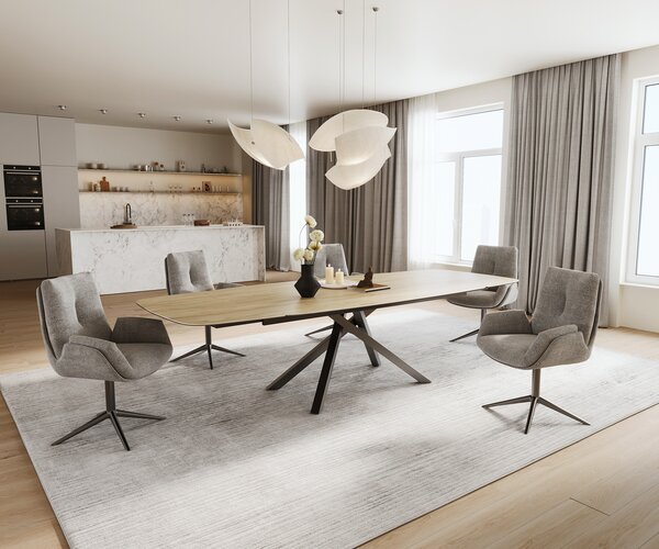 DELIFE Étkezőasztal Edge hajóformájú 200-300x120 cm Laminam® Sabbia kerámia tölgyszínű kereszt láb téglalap alakú rozsdamentes acél grafit kihúzható