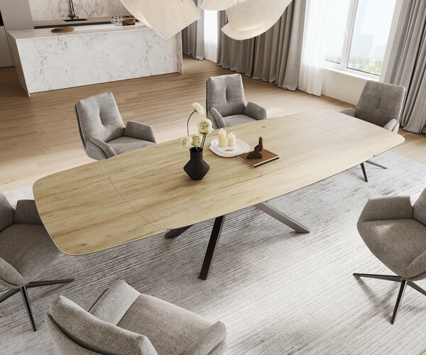 DELIFE Étkezőasztal Edge hajóformájú 200-300x120 cm Laminam® Sabbia kerámia tölgyszínű kereszt láb téglalap alakú rozsdamentes acél grafit kihúzható