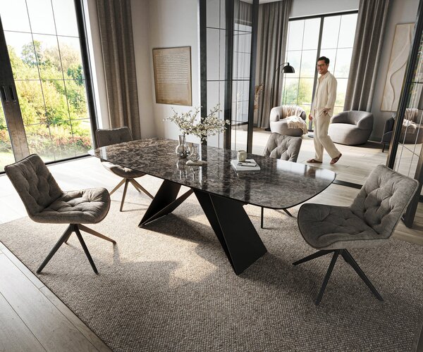 DELIFE Étkezőasztal Edge hajóformájú 180-220x100 cm kerámia emperador extra lucidato sötétbarna V alakú láb laposacél fekete kihúzható