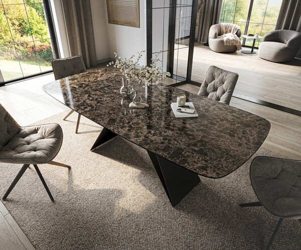 DELIFE Étkezőasztal Edge hajóformájú 180-220x100 cm kerámia emperador extra lucidato sötétbarna V alakú láb laposacél fekete kihúzható