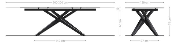 DELIFE Étkezőasztal Edge hajóformájú 200-300x120 cm Laminam® Sabbia kerámia tölgyszínű kereszt láb téglalap alakú rozsdamentes acél grafit kihúzható