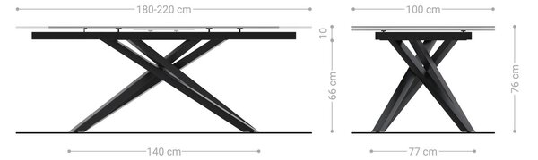 DELIFE Étkezőasztal Edge hajóformájú 180-220x100 cm kerámia emperador extra lucidato sötétbarna kereszt láb téglalap alakú titán színű hatás bővíthető