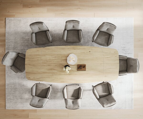 DELIFE Étkezőasztal Edge hajóformájú 200-300x120 cm Laminam® Sabbia kerámia tölgyszínű kereszt láb téglalap alakú rozsdamentes acél grafit kihúzható