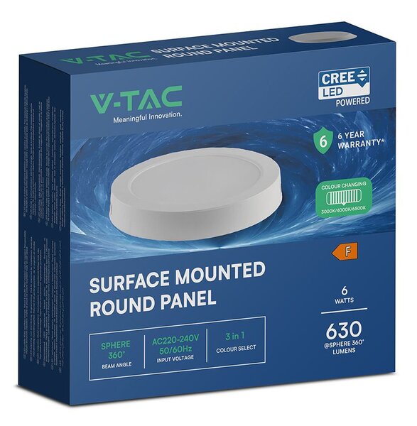 V-TAC CREE SMD felületre szerelhető, műanyag IP20, kerek LED panel 6W, CCT - SKU 78706