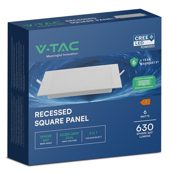 V-TAC CREE SMD süllyeszthető, műanyag IP20, négyzet LED panel 6W, CCT - SKU 104806
