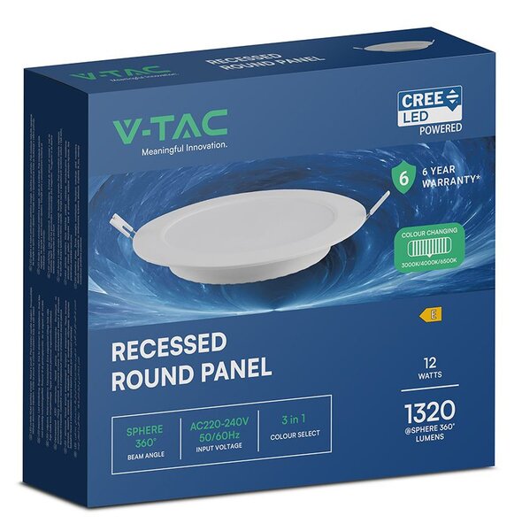 V-TAC CREE SMD süllyeszthető, műanyag IP20, kerek LED panel 12W, CCT - SKU 78616