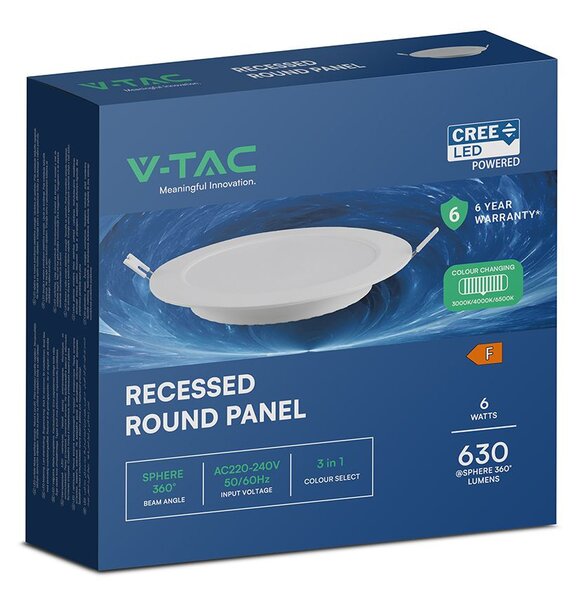 V-TAC CREE SMD süllyeszthető, műanyag IP20, kerek LED panel 6W, CCT - SKU 78586