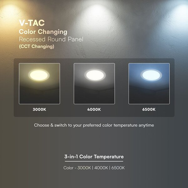 V-TAC CREE SMD süllyeszthető, műanyag IP20, kerek LED panel 24W, CCT - SKU 78676