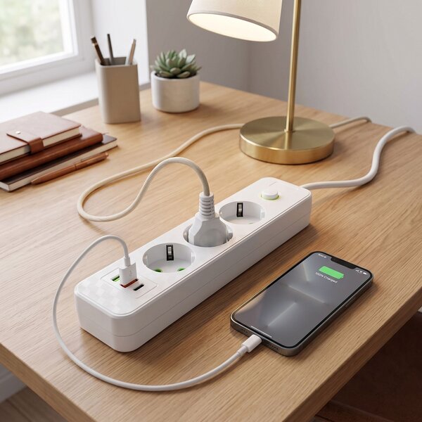 Toolight Toollight, JNH020-3A, elosztósáv 3 aljzat + 2× USB-A + USB-C, 1,8 m, fehér, OSW-56302