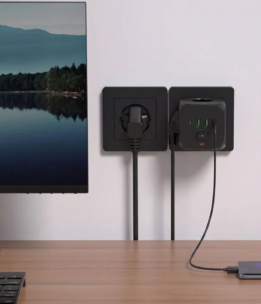 Toolight Toolight, JNH019, 7 az 1-ben elosztó, 3 aljzat + 2× USB-A + 2× USB-C, fekete, OSW-56304