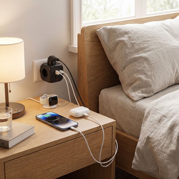 Toolight Toolight, JNH019, 7 az 1-ben elosztó, 3 aljzat + 2× USB-A + 2× USB-C, fekete, OSW-56304