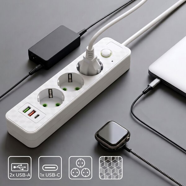Toolight Toollight, JNH020-3A, elosztósáv 3 aljzat + 2× USB-A + USB-C, 1,8 m, fehér, OSW-56302
