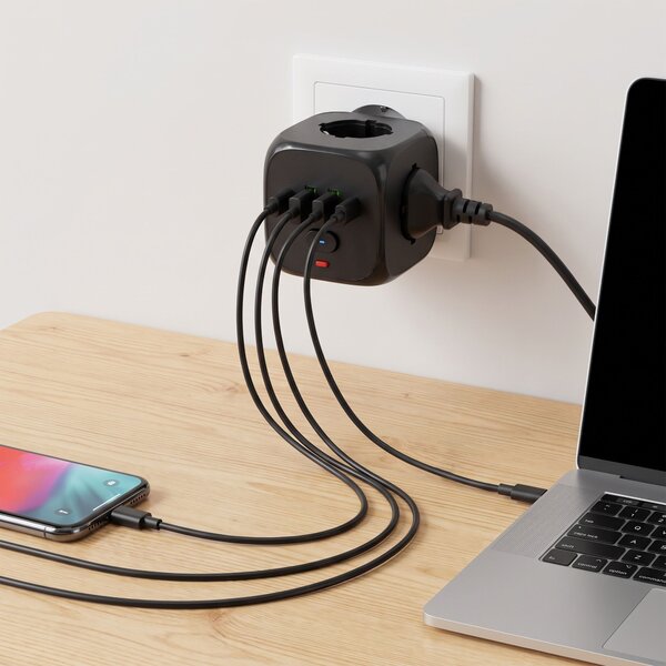 Toolight Toolight, JNH019, 7 az 1-ben elosztó, 3 aljzat + 2× USB-A + 2× USB-C, fekete, OSW-56304