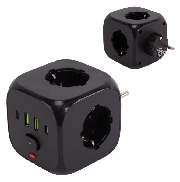 Toolight Toolight, JNH019, 7 az 1-ben elosztó, 3 aljzat + 2× USB-A + 2× USB-C, fekete, OSW-56304