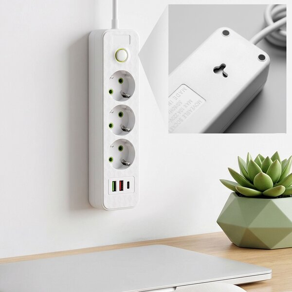 Toolight Toollight, JNH020-3A, elosztósáv 3 aljzat + 2× USB-A + USB-C, 1,8 m, fehér, OSW-56302