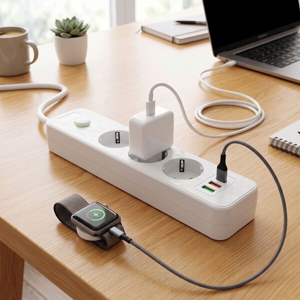 Toolight Toollight, JNH020-3A, elosztósáv 3 aljzat + 2× USB-A + USB-C, 1,8 m, fehér, OSW-56302