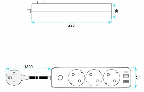 Toolight Toollight, JNH020-3A, elosztósáv 3 aljzat + 2× USB-A + USB-C, 1,8 m, fehér, OSW-56302