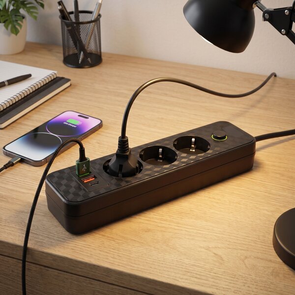 Toolight Toollight, JNH020-3A, elosztósáv 3 aljzat + 2× USB-A + USB-C, 1,8 m, fekete, OSW-56303