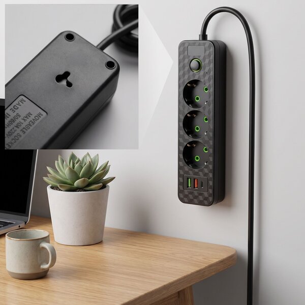 Toolight Toollight, JNH020-3A, elosztósáv 3 aljzat + 2× USB-A + USB-C, 1,8 m, fekete, OSW-56303