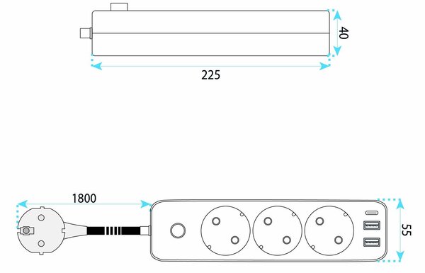 Toolight Toollight, JNH020-3A, elosztósáv 3 aljzat + 2× USB-A + USB-C, 1,8 m, fekete, OSW-56303